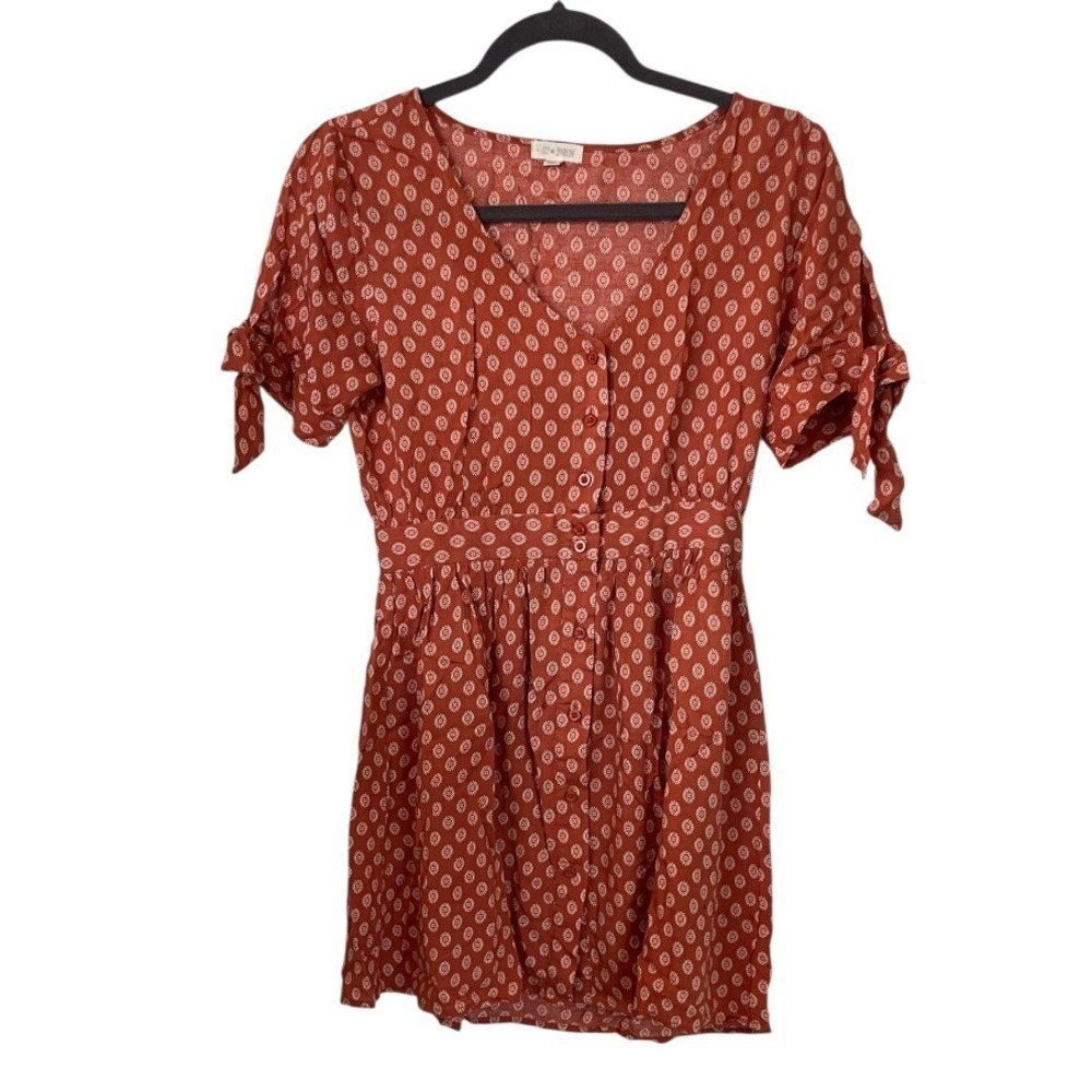 Sky and Sparrow Dress Womens Medium Rust Orange Geometric Tie Sleeve Mini 9929-B